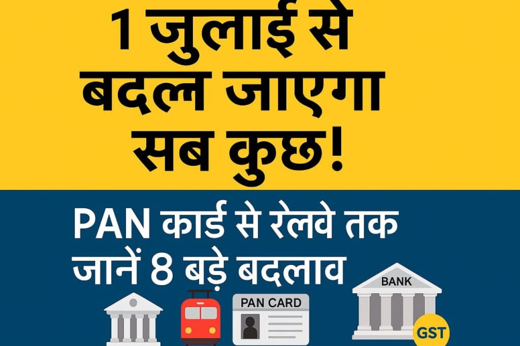 रेलवे स्टेशन, PAN कार्ड, गैस सिलेंडर और राशन कार्ड से जुड़ी सेवाओं में बदलाव को दर्शाता हुआ हिंदी ग्राफिक