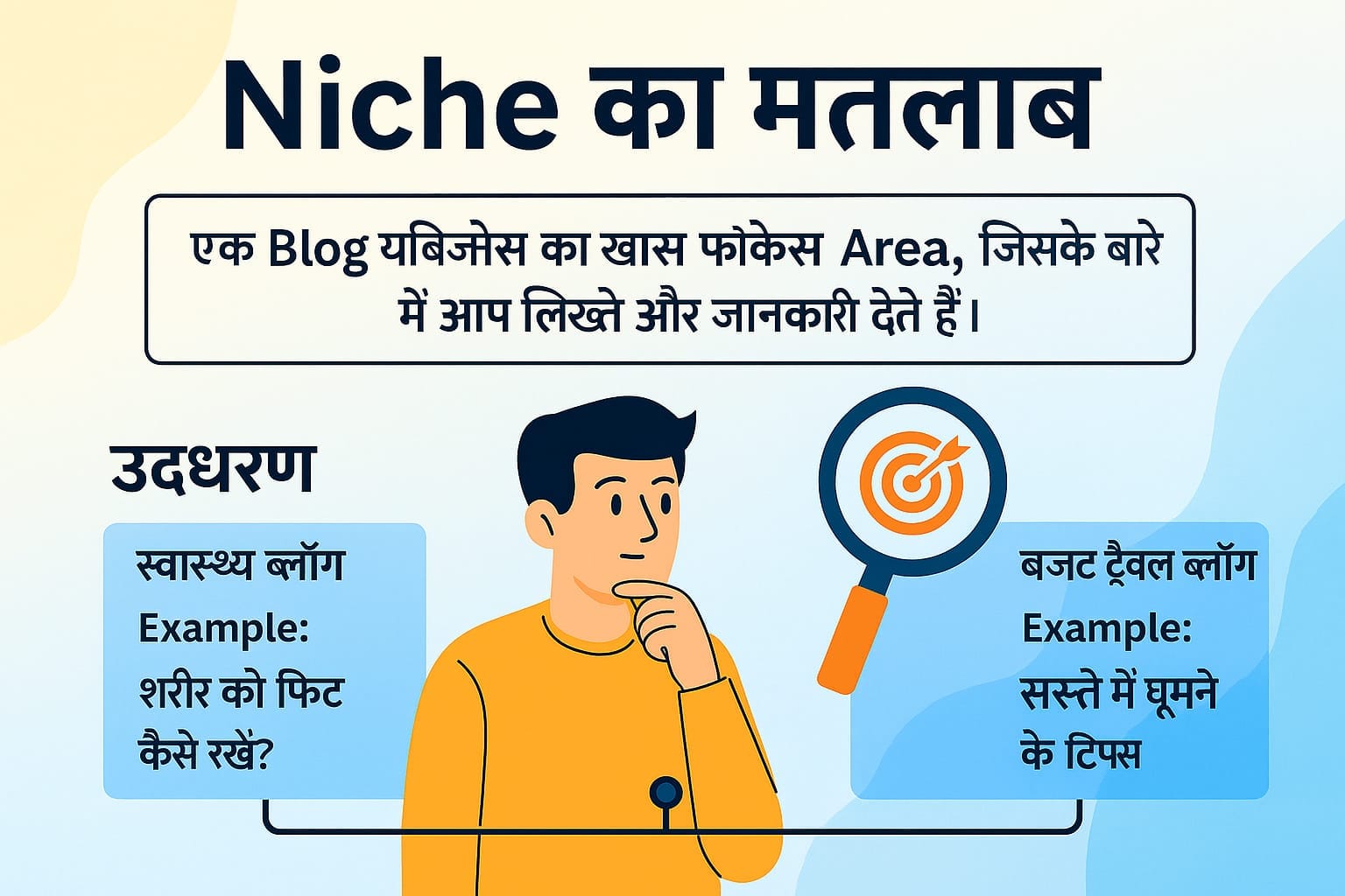 Blogging के लिए सही Niche कैसे चुनें – Hindi blogging guide with man using laptop, coin icon, and Day 3 Blogging Series 2025 label.
