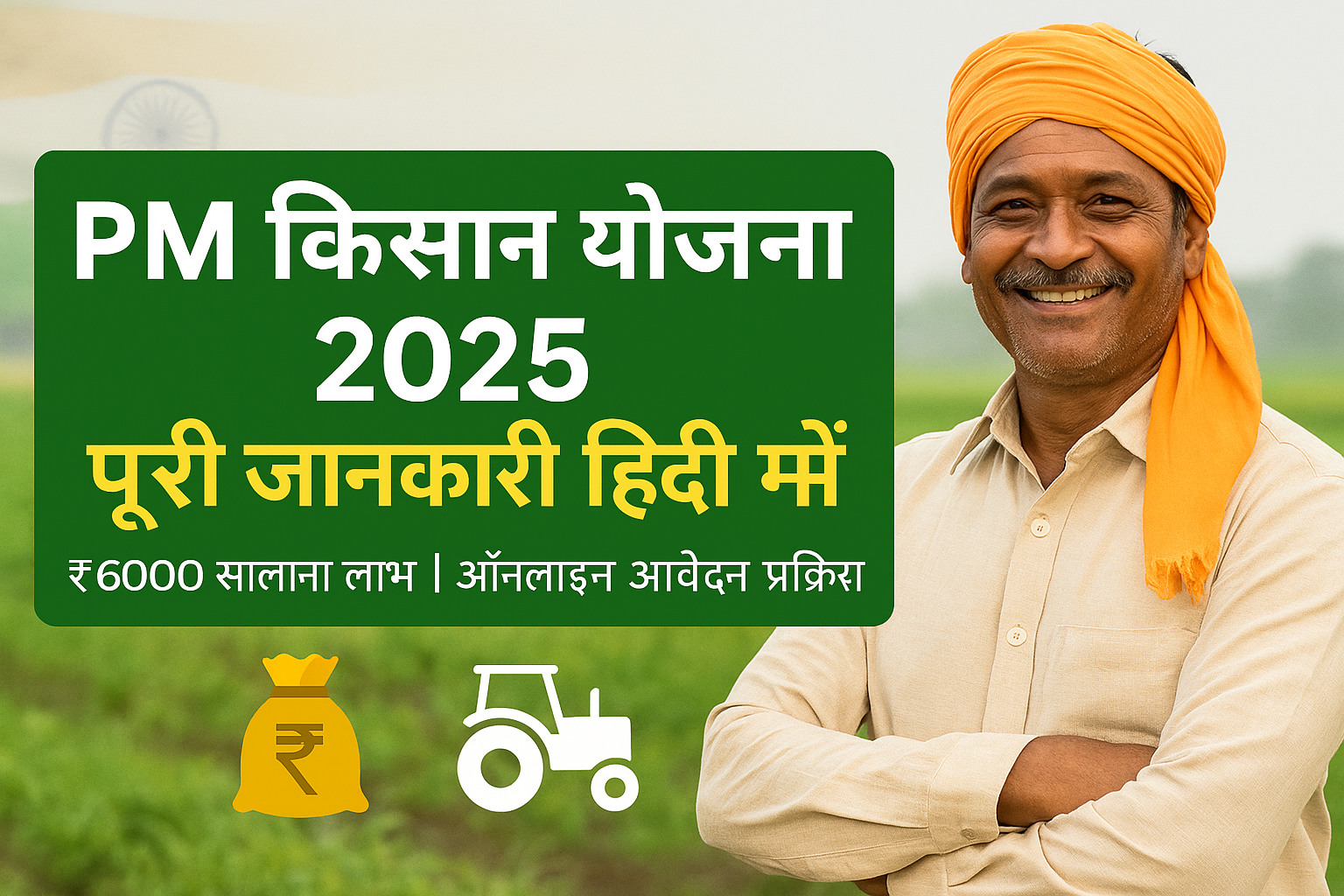 एक खुशहाल भारतीय किसान खेत में खड़ा है, साथ में "PM किसान योजना 2025 – पूरी जानकारी हिंदी में" लिखा हुआ है। इमेज में ₹6000 सालाना लाभ और ऑनलाइन आवेदन प्रक्रिया की जानकारी दी गई है।