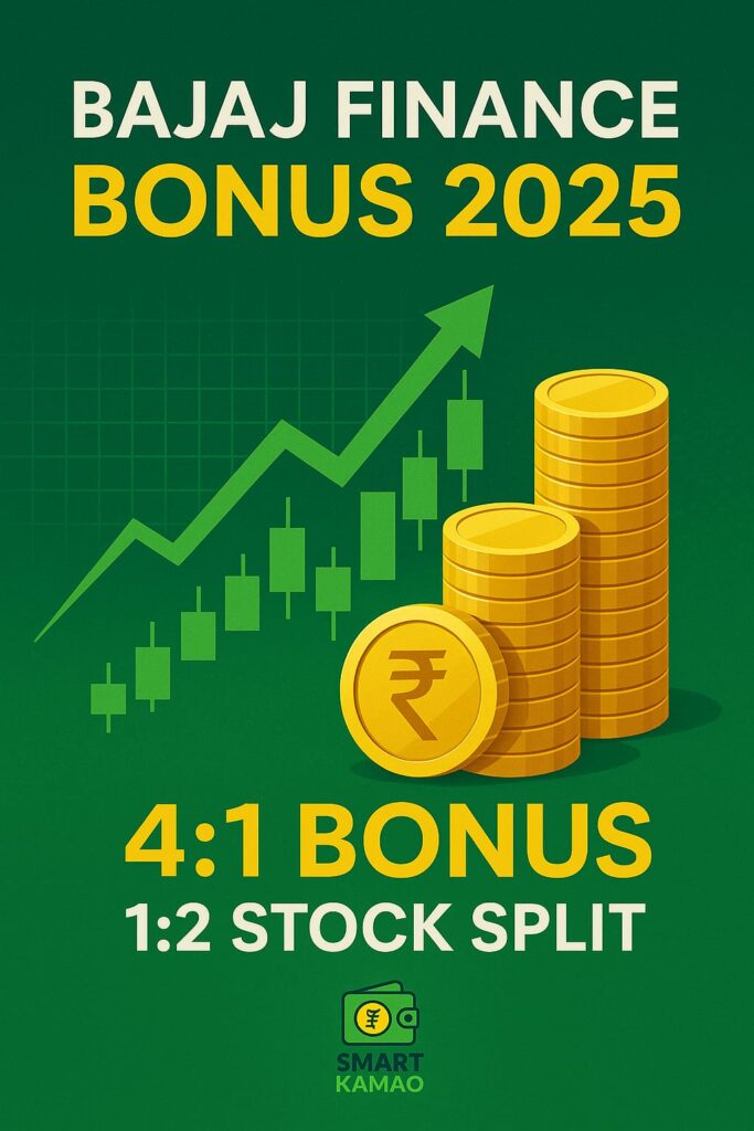 Bajaj Finance के बोनस और स्टॉक स्प्लिट की खबर पर आधारित शेयर बाजार थीम में बना न्यूज़ थंबनेल