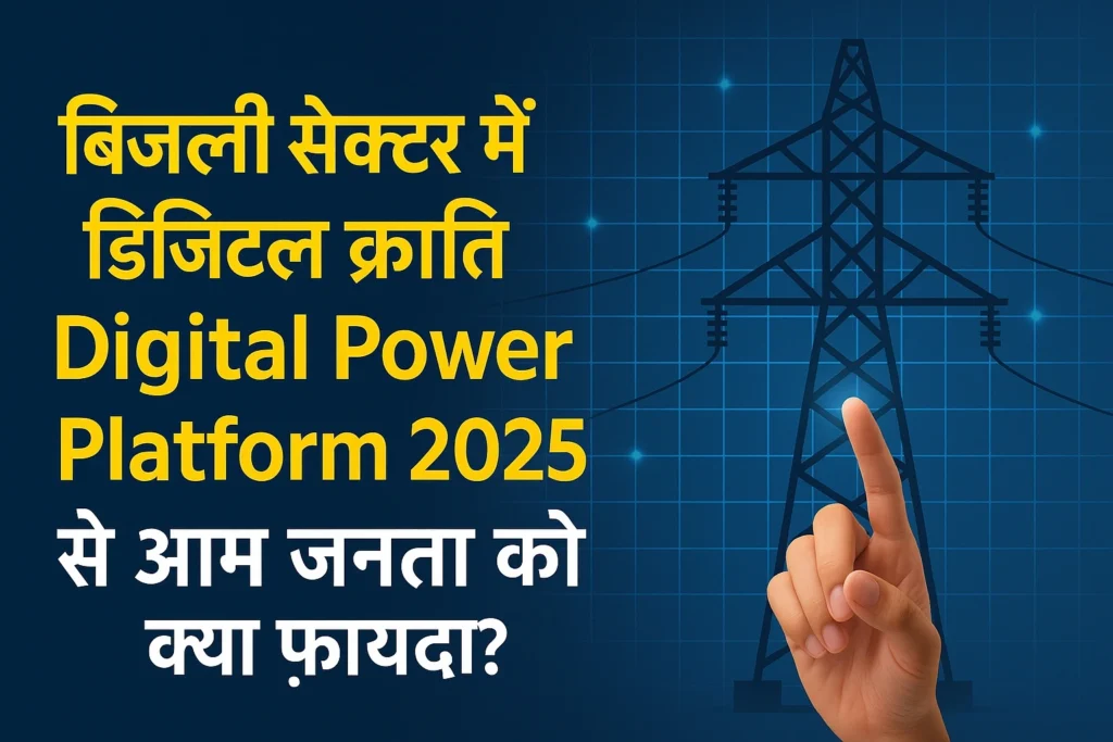 बिजली सेक्टर में डिजिटल क्रांति – Digital Power Platform 2025 का प्रचार करते हुए हाथ और ट्रांसमिशन टावर की तस्वीर