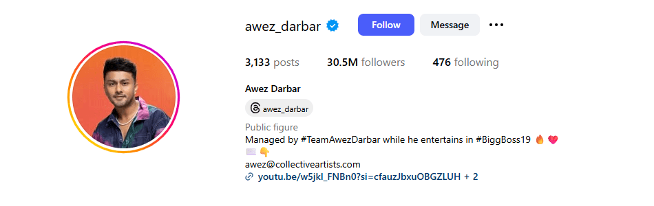 Awez Darbar Net Worth 2025: डांस से Bigg Boss तक ₹49 करोड़+ कमाई का सफर 2 AWEZ DARBAR Instagram Followers