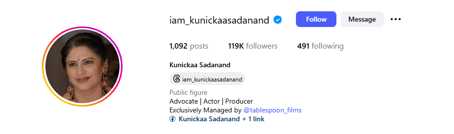 Kunickaa Sadanand Net Worth 2025: फिल्मों से Bigg Boss तक कमाई और लग्ज़री लाइफ़स्टाइल 2 Kunickaa Sadanand Instagram