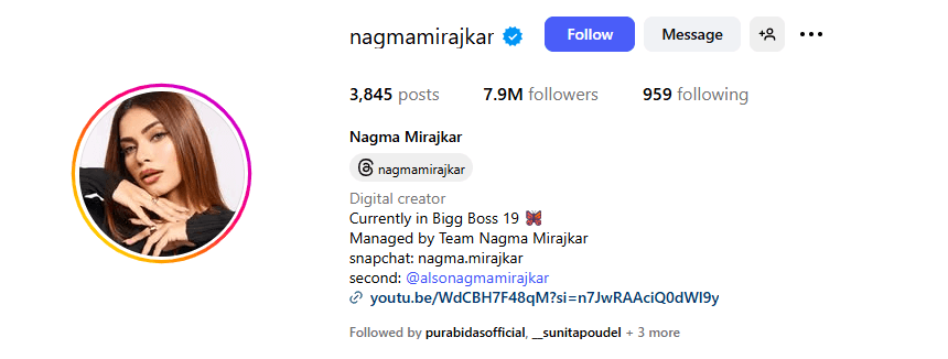 Nagma Mirajkar Net Worth 2025: ₹20 करोड़+ कमाई, Bigg Boss 19 और सोशल मीडिया स्टारडम का सफर 2 Nagma Mirajkar Instagram